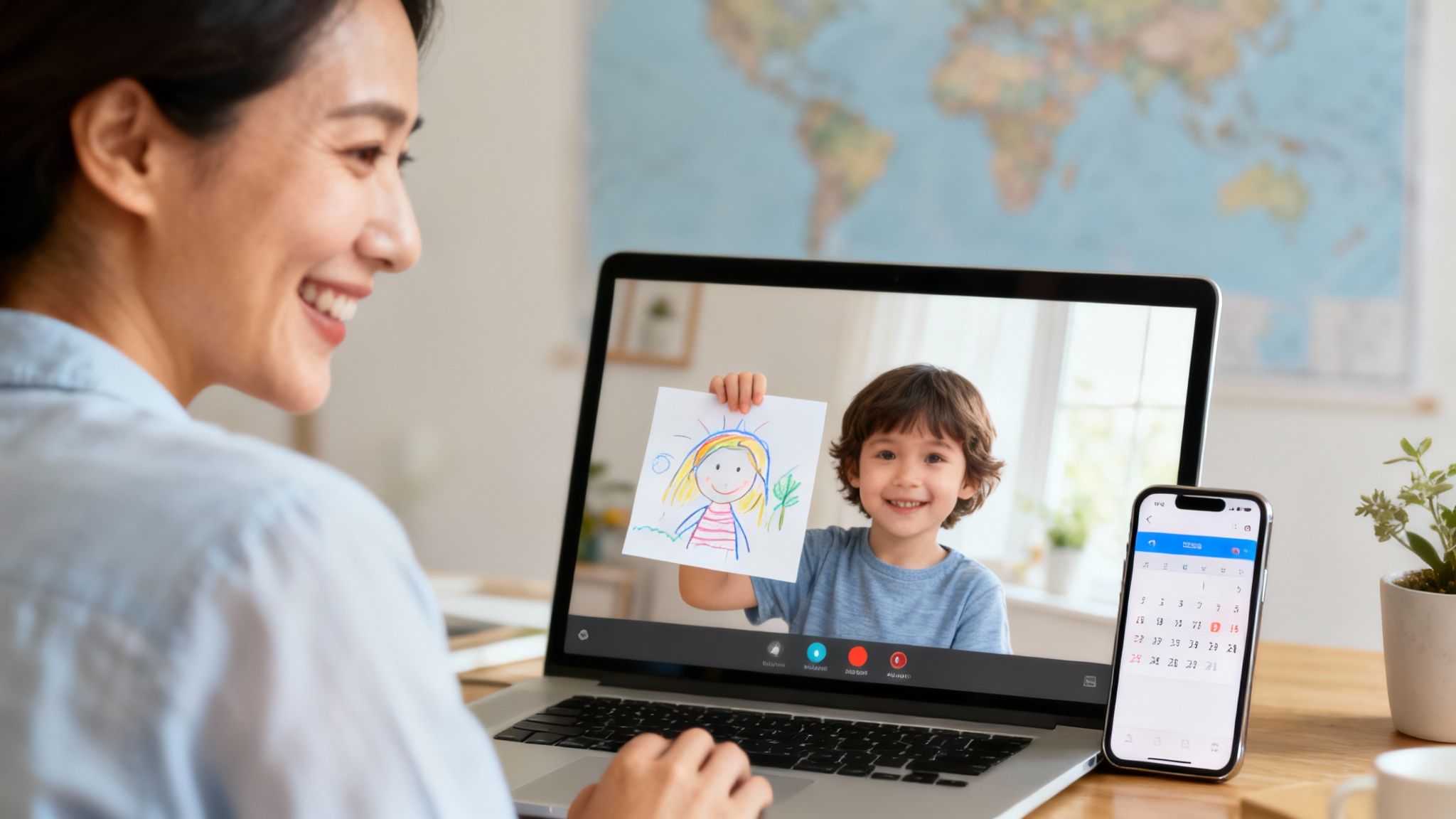 Ibu bapa dan anak berhubung melalui panggilan video pada tablet, tersenyum dan terlibat dalam perbualan.