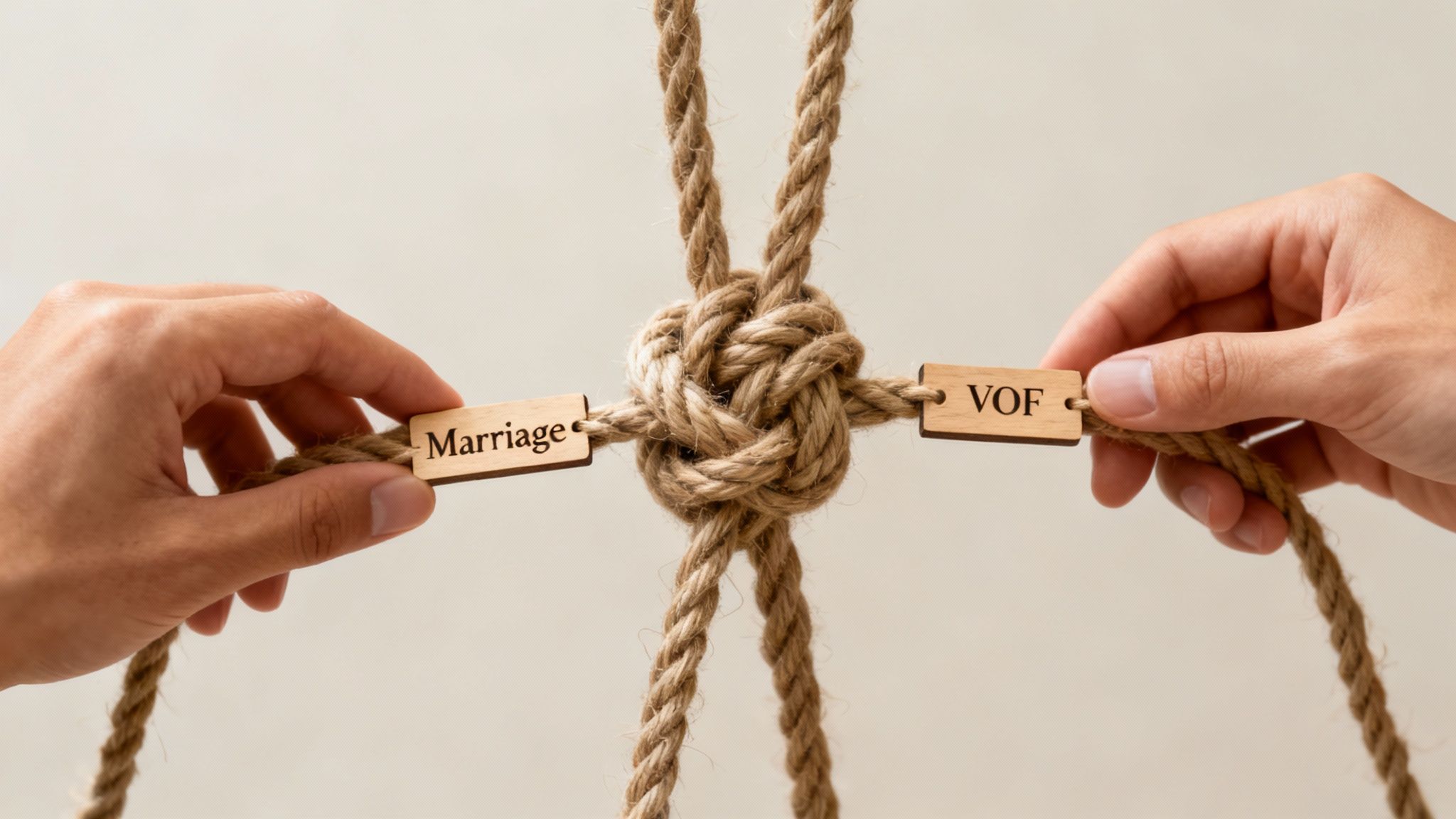 Two hands separating a tangled rope, symbolizing the complexity of a VOF and divorce.