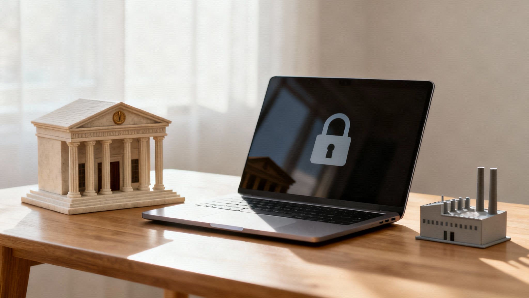 A miniature bank, laptop with a padlock icon, and factory model on a wooden desk.