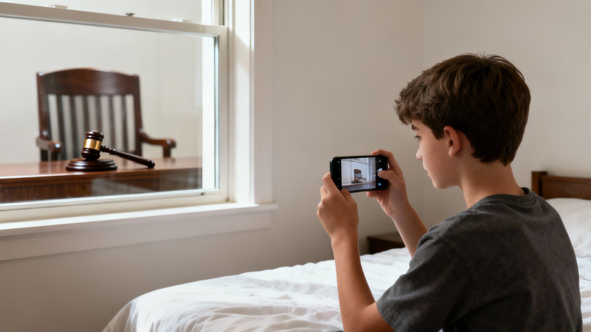 Een jongere scrollt door TikTok op een smartphone, met een onscherpe achtergrond van een gerechtsgebouw die de mogelijke gevolgen symboliseert.
