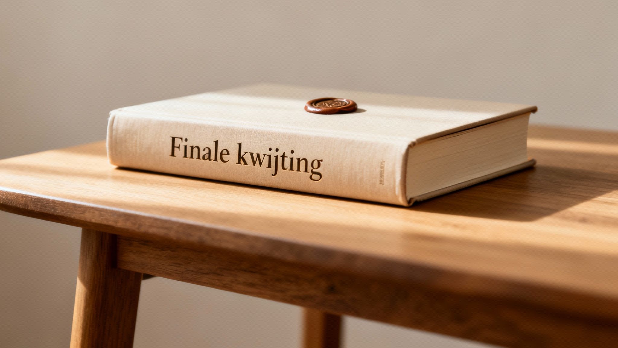 Finale kwijting betekenis: wat houdt deze clausule juridisch in? 1 Een beigekleurig boek met de titel 'Finale kwijting' en een zegel op de kaft, liggend op een houten tafel.