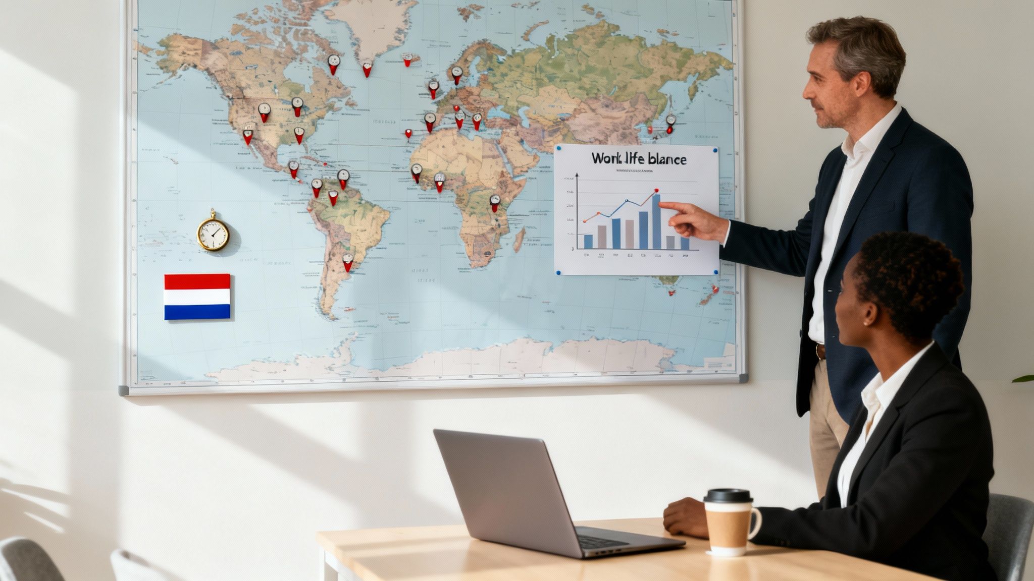 Two colleagues discuss a work-life balance chart on a whiteboard in a meeting room.