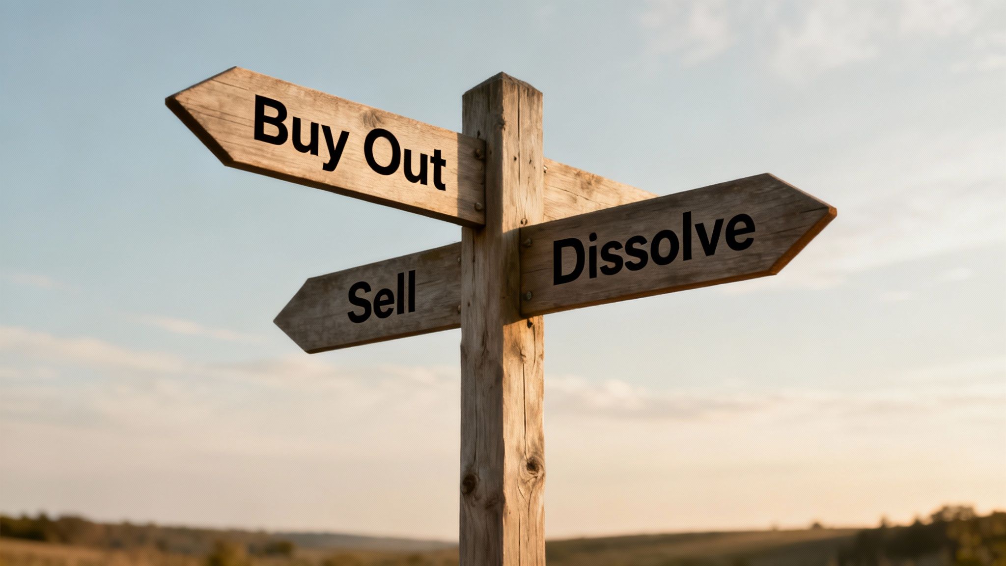 Three distinct paths branching off from a single road, representing the choices of buy-out, sale, or dissolution for a VOF.