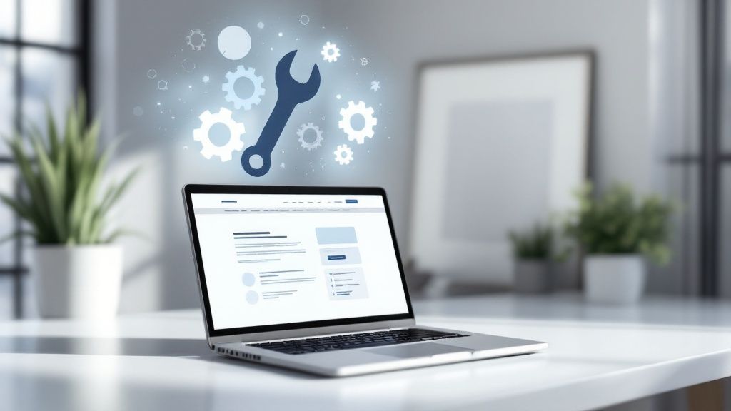 Illustration showing a gear system with one broken cog, symbolizing a website failure.