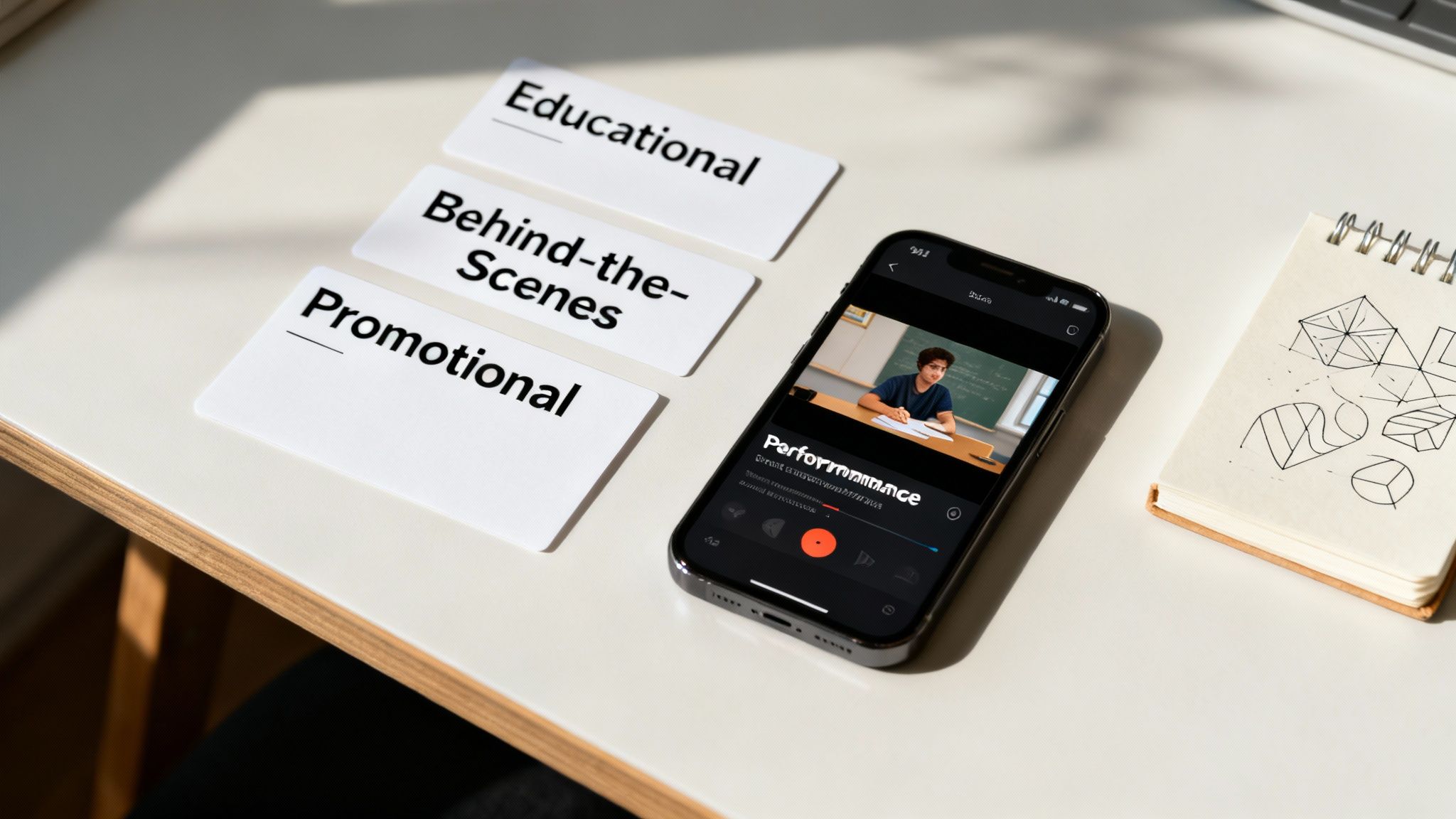 Smartphone showing a student video, next to cards labeled Educational, Behind-the-Scenes, and Promotional.