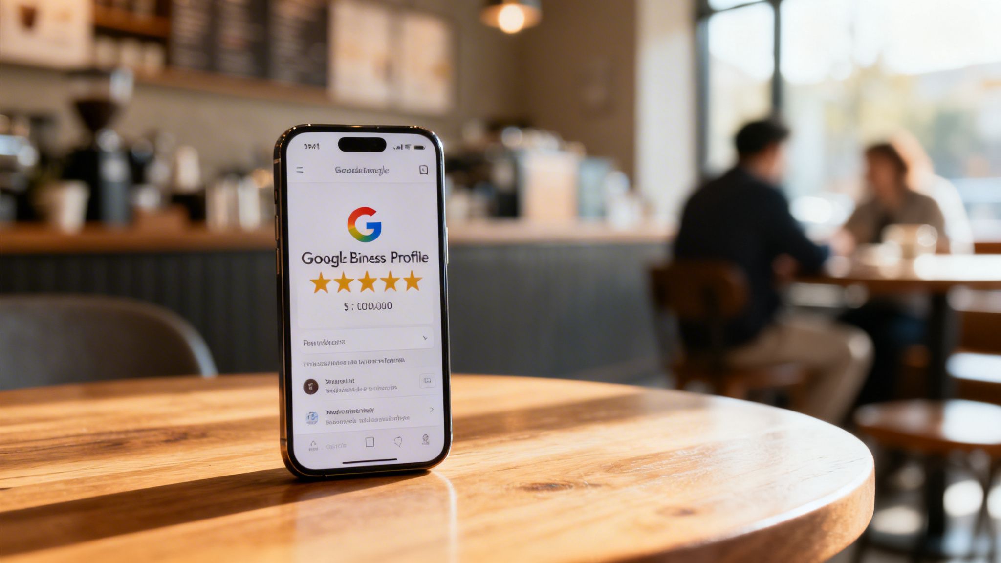 A smartphone displays a Google Business Profile with five stars and earnings in a coffee shop.