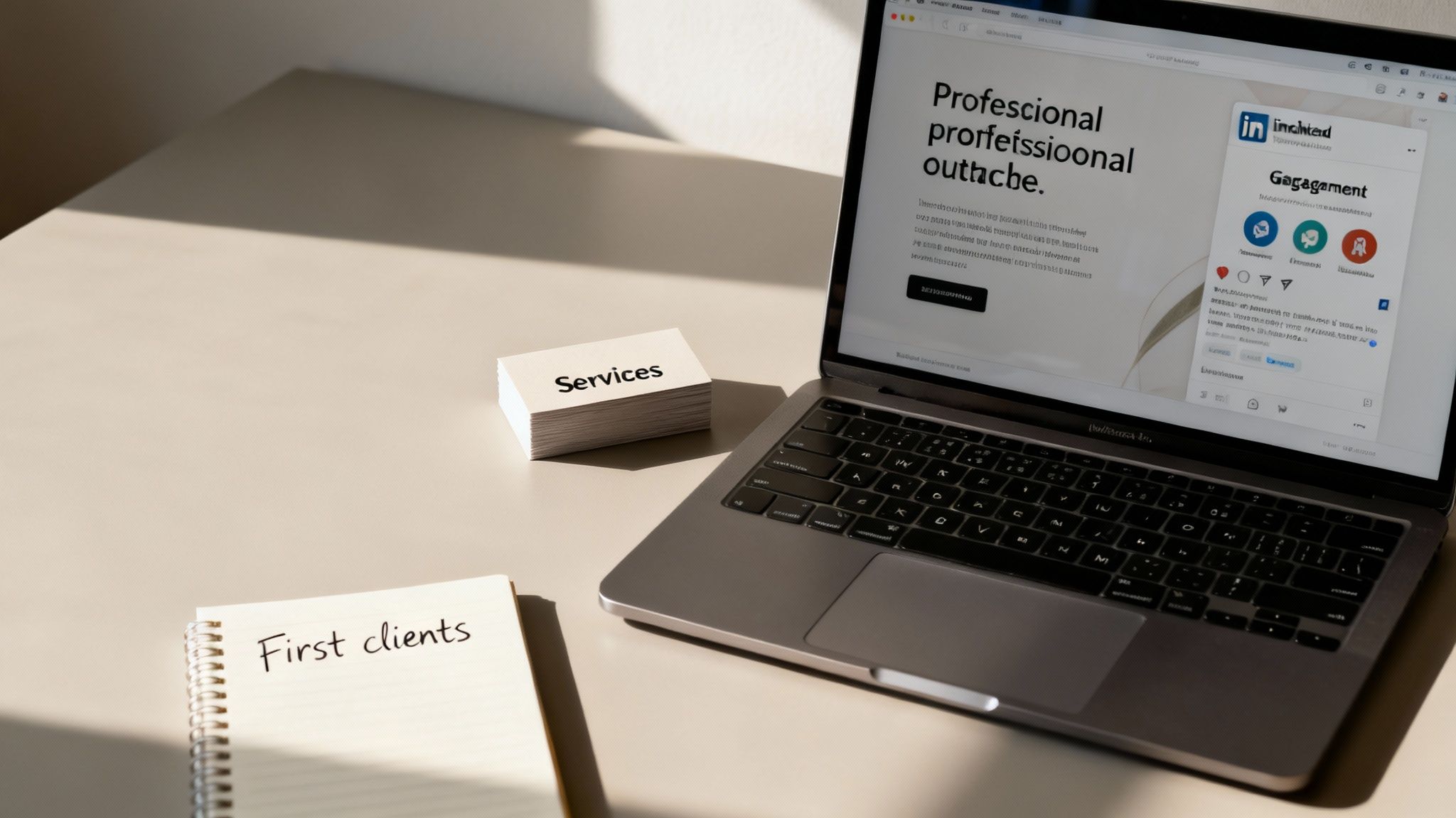 Desk setup with a laptop displaying a website, a stack of 'Services' cards, and a 'First clients' notebook.