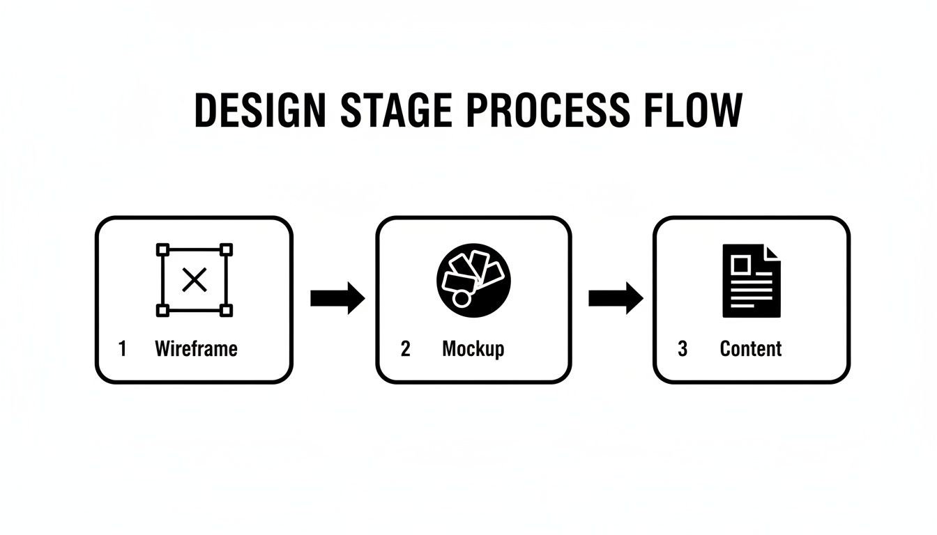 A design stage process flow diagram showing three steps: wireframe, mockup, and content creation.