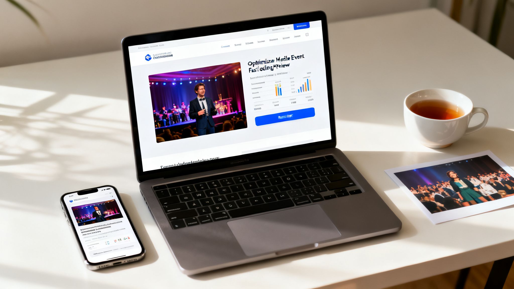 A laptop and smartphone showcasing an event planning website and app, accompanied by a cup of tea and a printed event photo.
