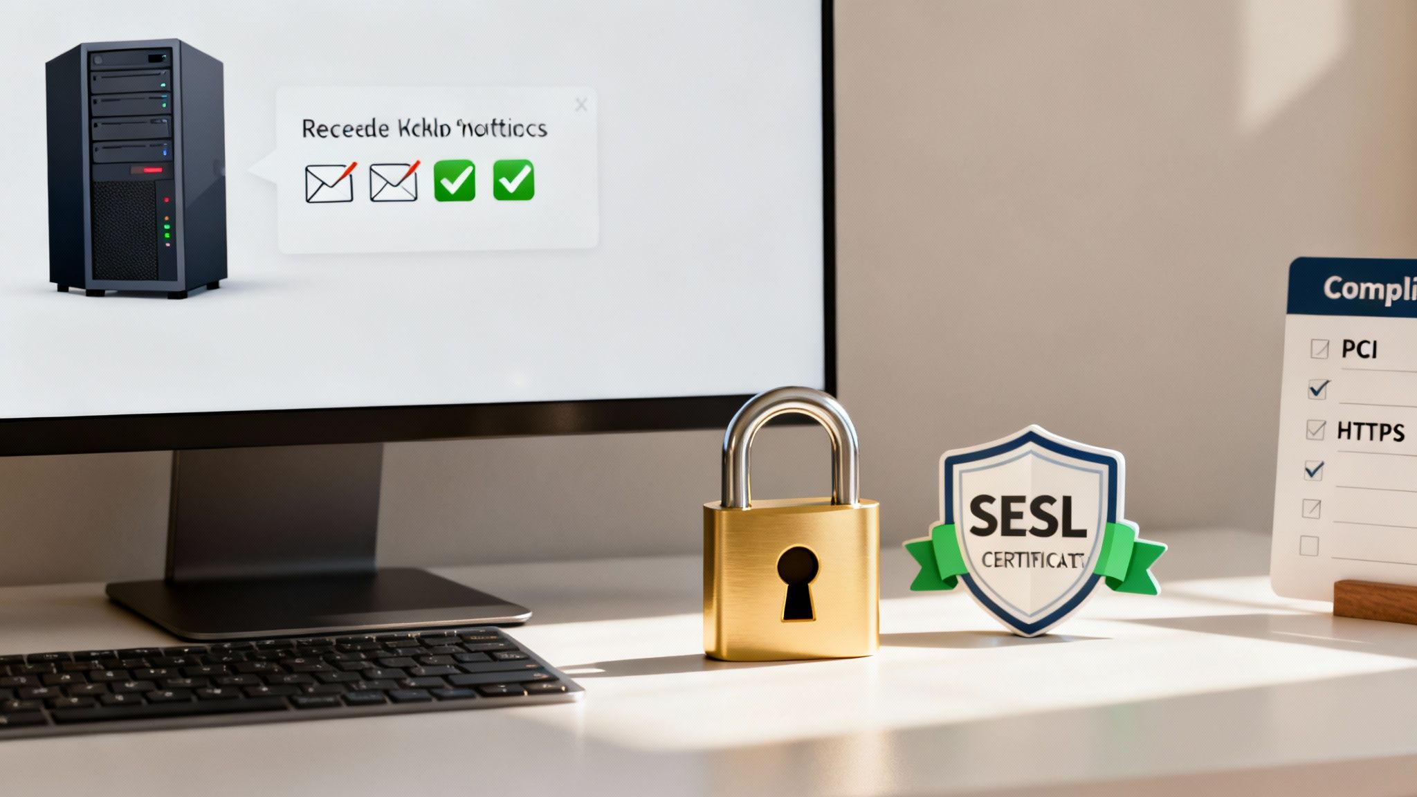 A desktop setup illustrating data security with a server, padlock, SESL certificate, and compliance checklist.