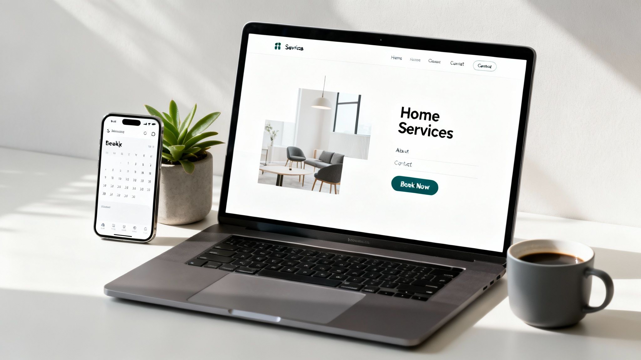 A modern workspace with a laptop displaying a home services website and a smartphone showing a calendar app.