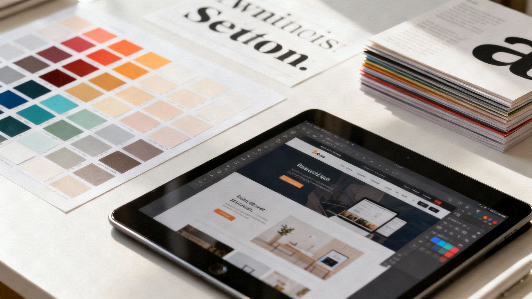 A designer choosing color swatches and fonts on a computer screen.