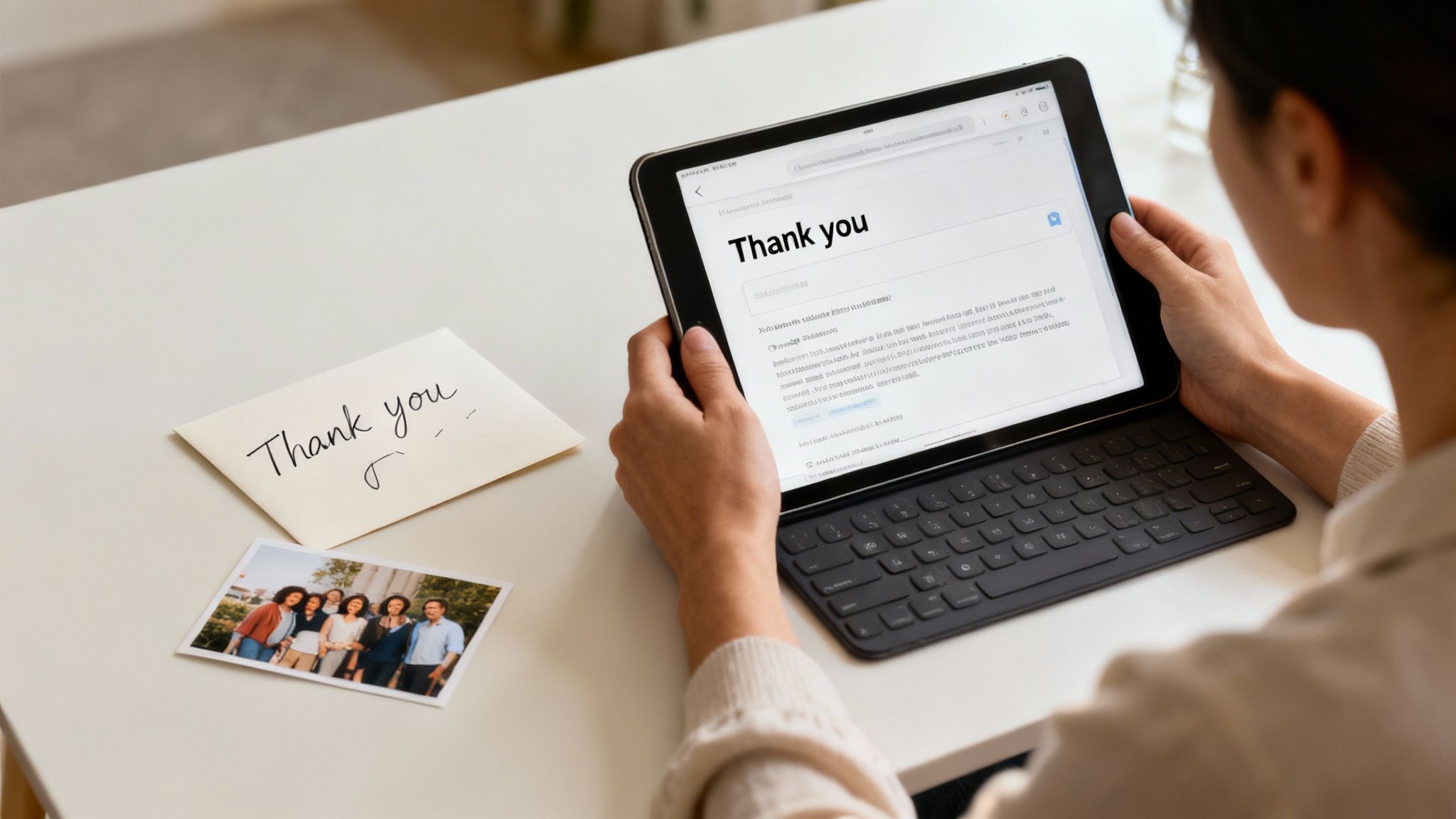 Person holding a tablet displaying a 'Thank you' message, next to a 'Thank you' card and a group photo.
