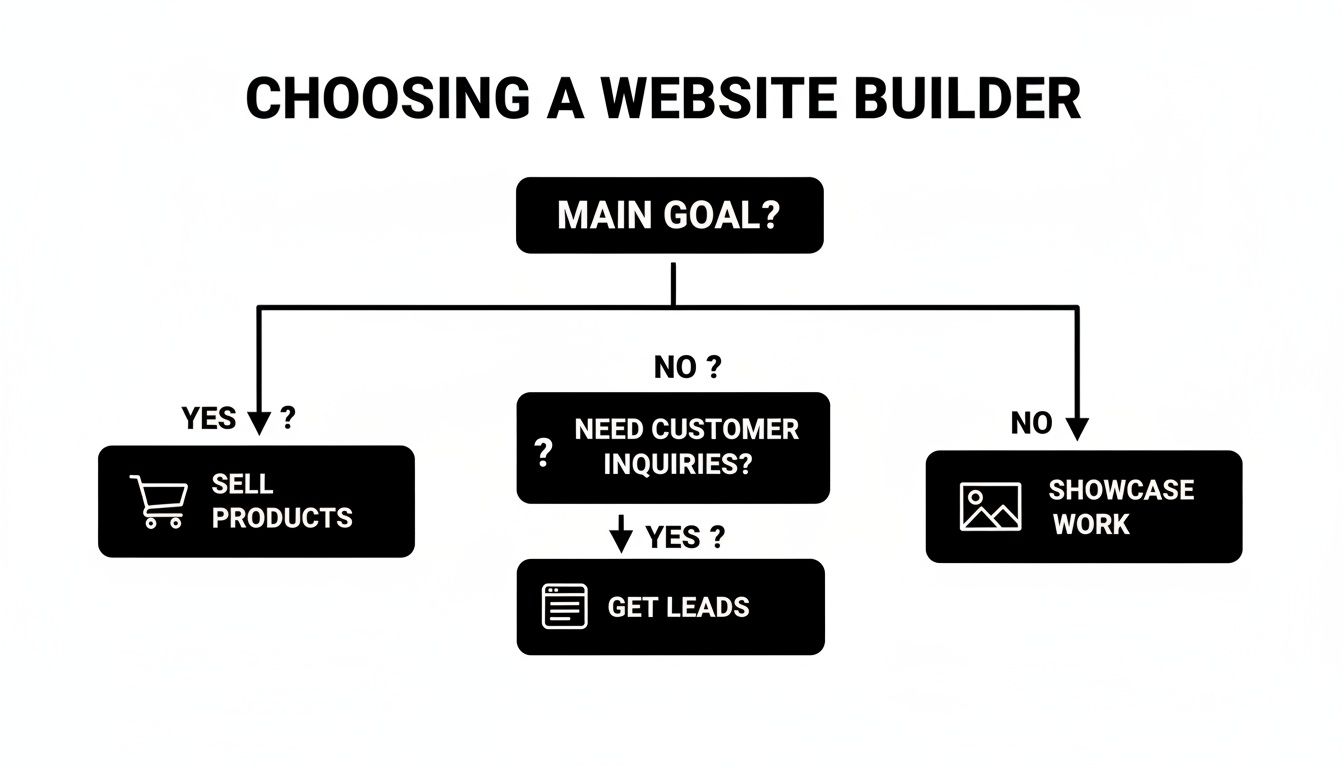 Flowchart guiding users on choosing a website builder based on their main goals: selling products, getting leads, or showcasing work.