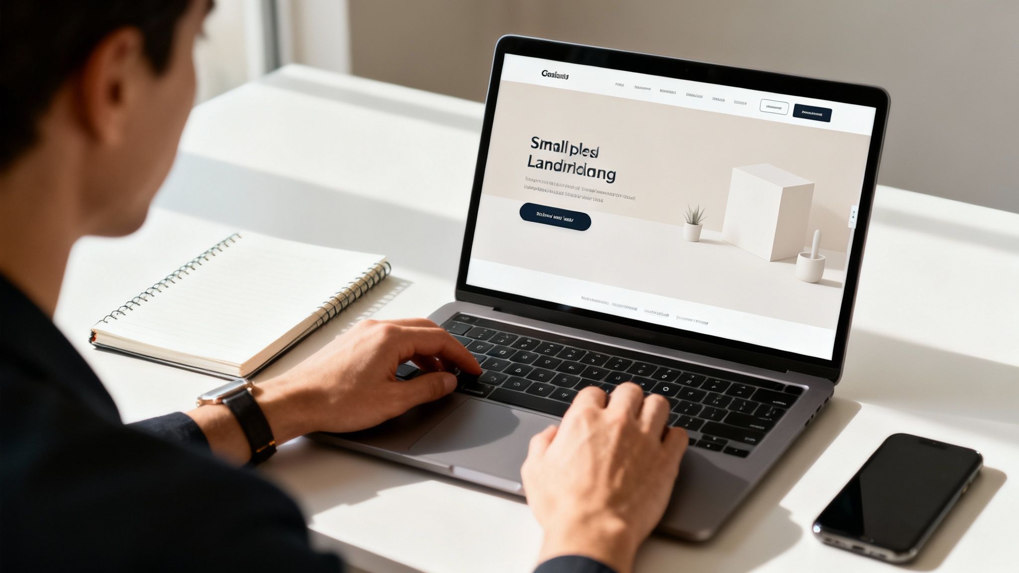 A person typing on a laptop at a bright desk with a notebook and smartphone.