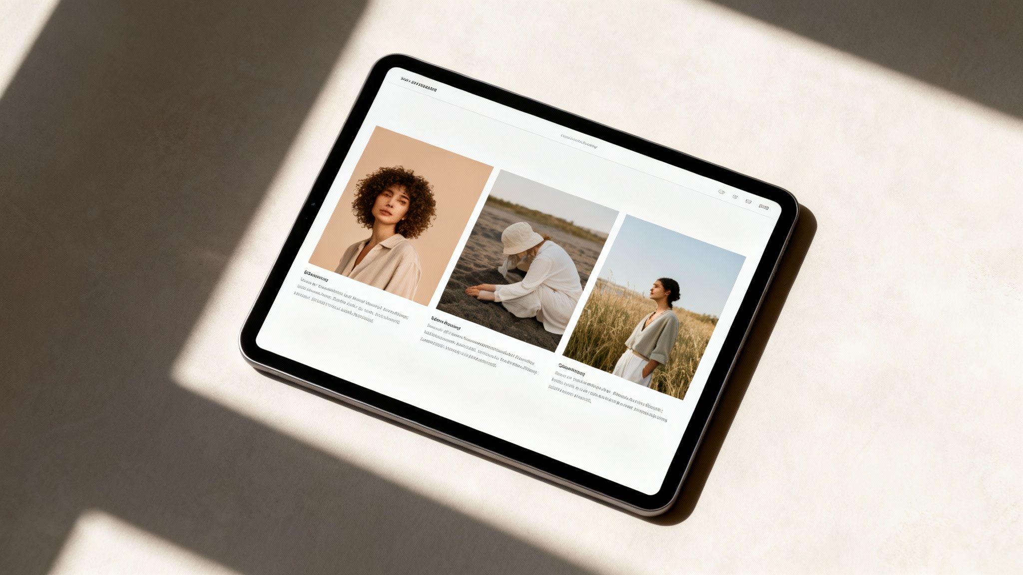 A modern tablet displays a website with three images of women on a light-colored surface with shadows.