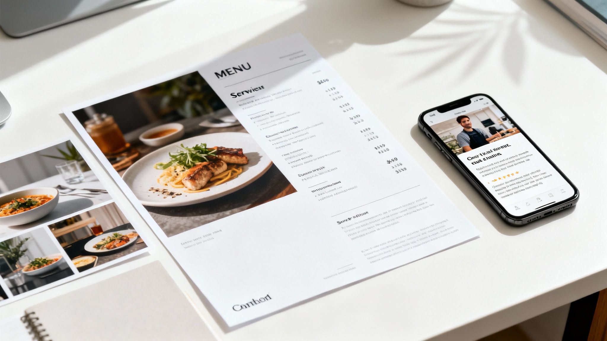 Modern desk setup with a restaurant menu, food pictures, and a smartphone showing a chef's profile.