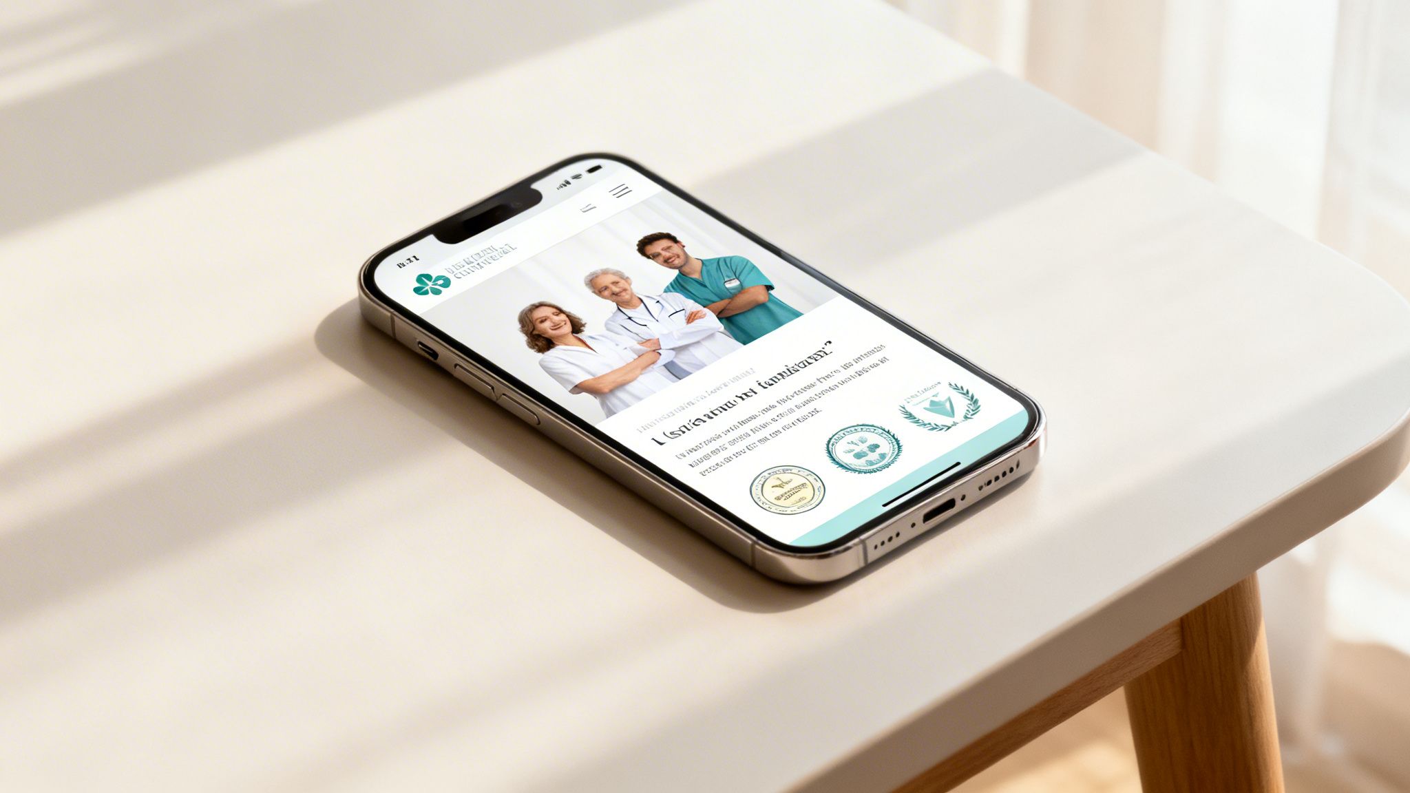 An iPhone displaying a medical practice website with three doctors and a green clover logo on a table.