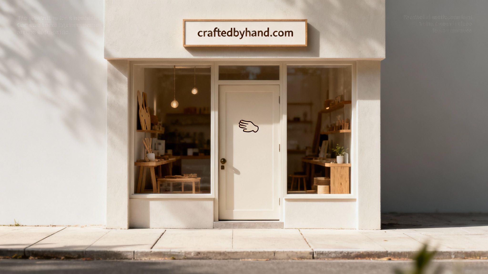 Facade of a clean, modern store named 'craftedbyhand.com' with a hand logo on the door.