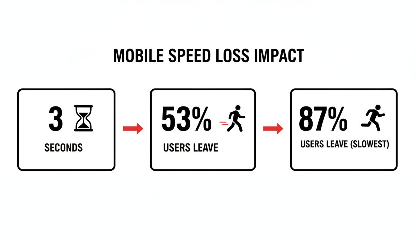 Infographic showing mobile speed loss impact: 3 seconds loading leads to 53% user bounce, with 87% for slowest sites.