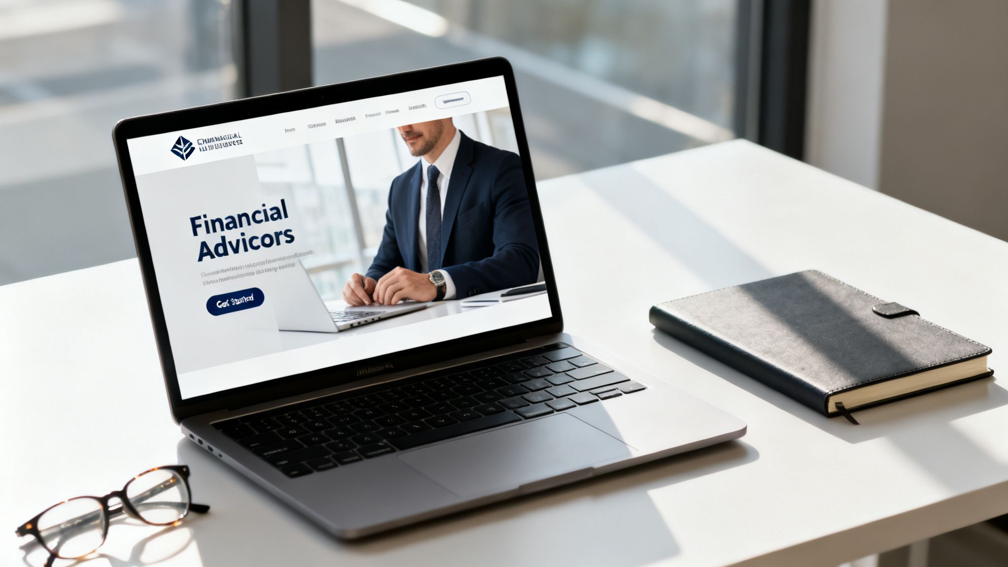 Laptop displaying a financial advisor website with a man working, glasses, and a notebook on a white desk.