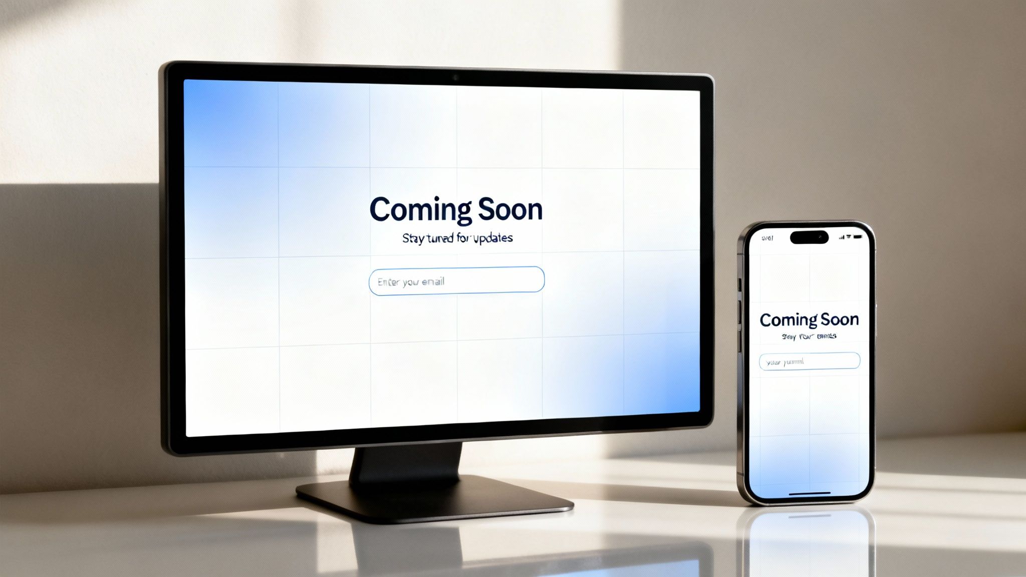 A desktop monitor and a smartphone showcasing a 'Coming Soon' page with an email signup field.