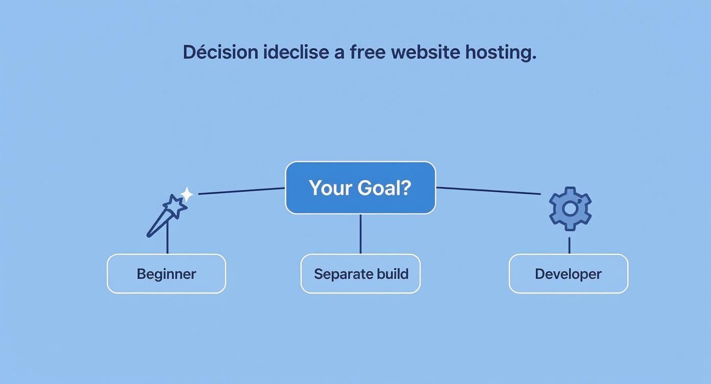 Flowchart showing user goals for free website hosting: Beginner, Separate build, and Developer.