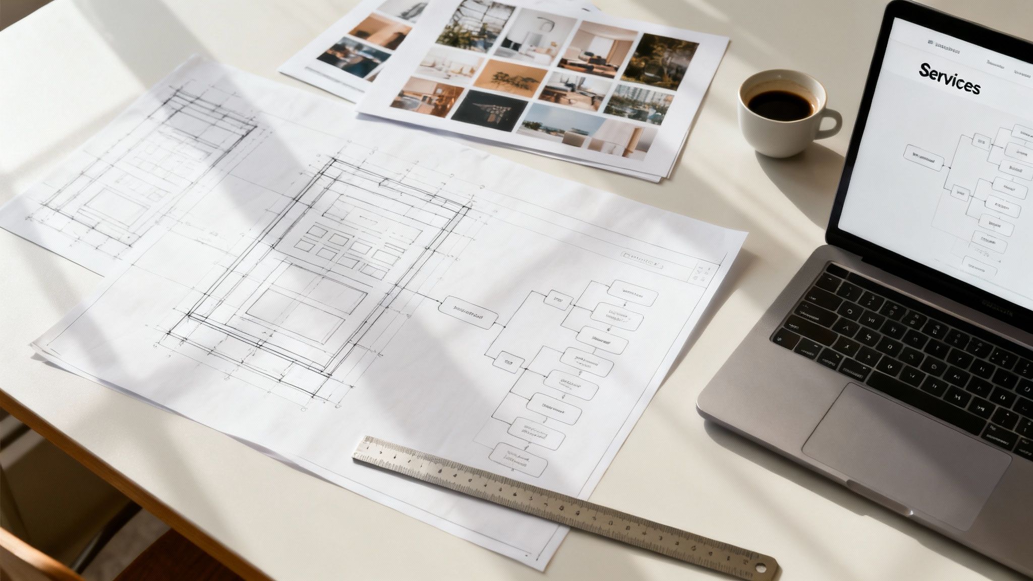 Desk with architectural plans, interior design mood board, laptop showing a website flowchart, and coffee.