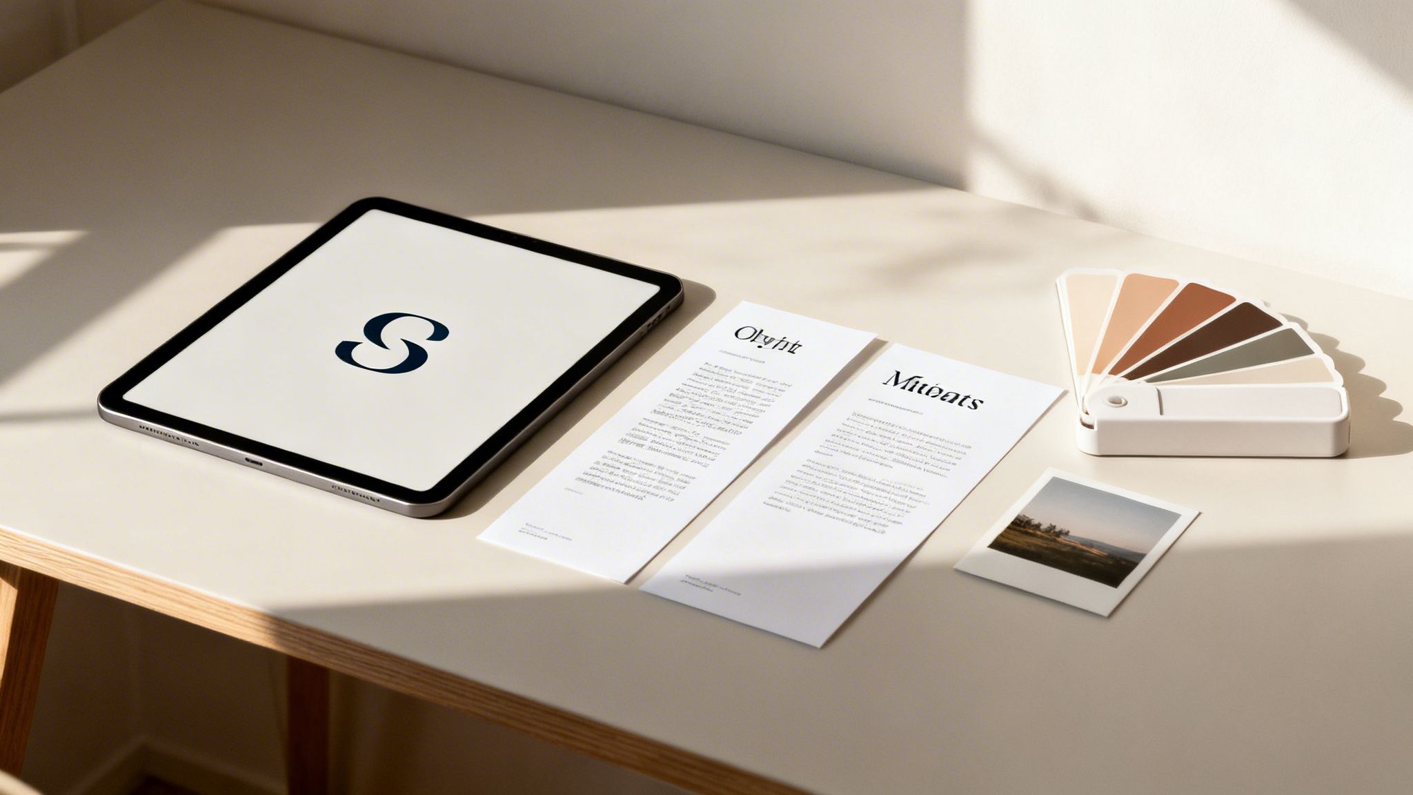 A modern desk setup for brand identity design, featuring a tablet, documents, a color palette, and a polaroid.