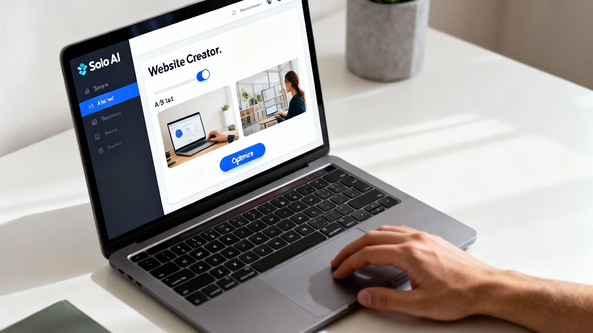 An illustration of a person looking at a large question mark, surrounded by icons representing different aspects of website optimization like charts, gears, and user profiles.