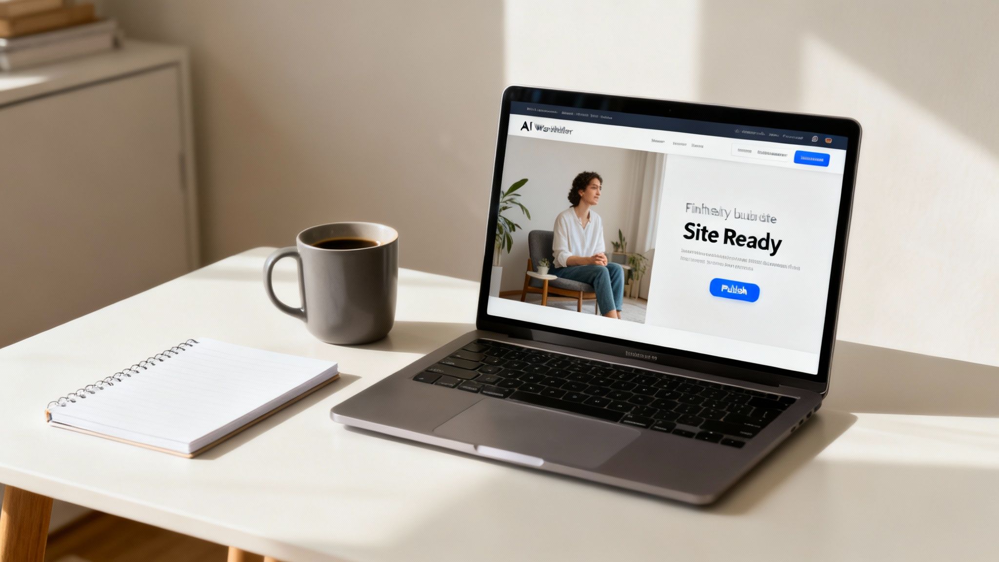 Laptop displaying 'AI Website Builder' on a clean desk with a coffee mug and spiral notebook.