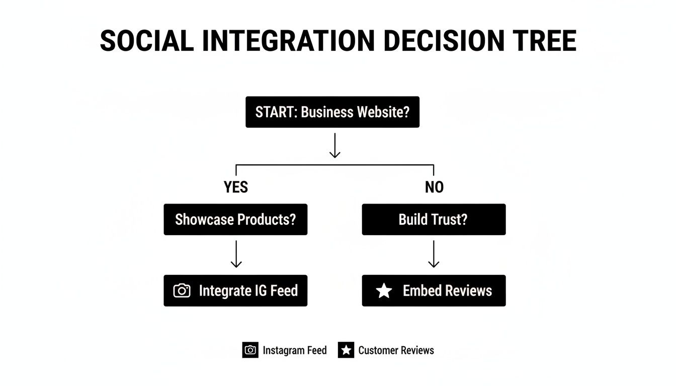A flowchart for social integration decisions: integrate Instagram feed or embed reviews based on website and goals.