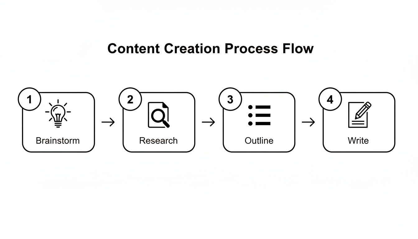 A content creation process flowchart with four steps: brainstorm, research, outline, and write.