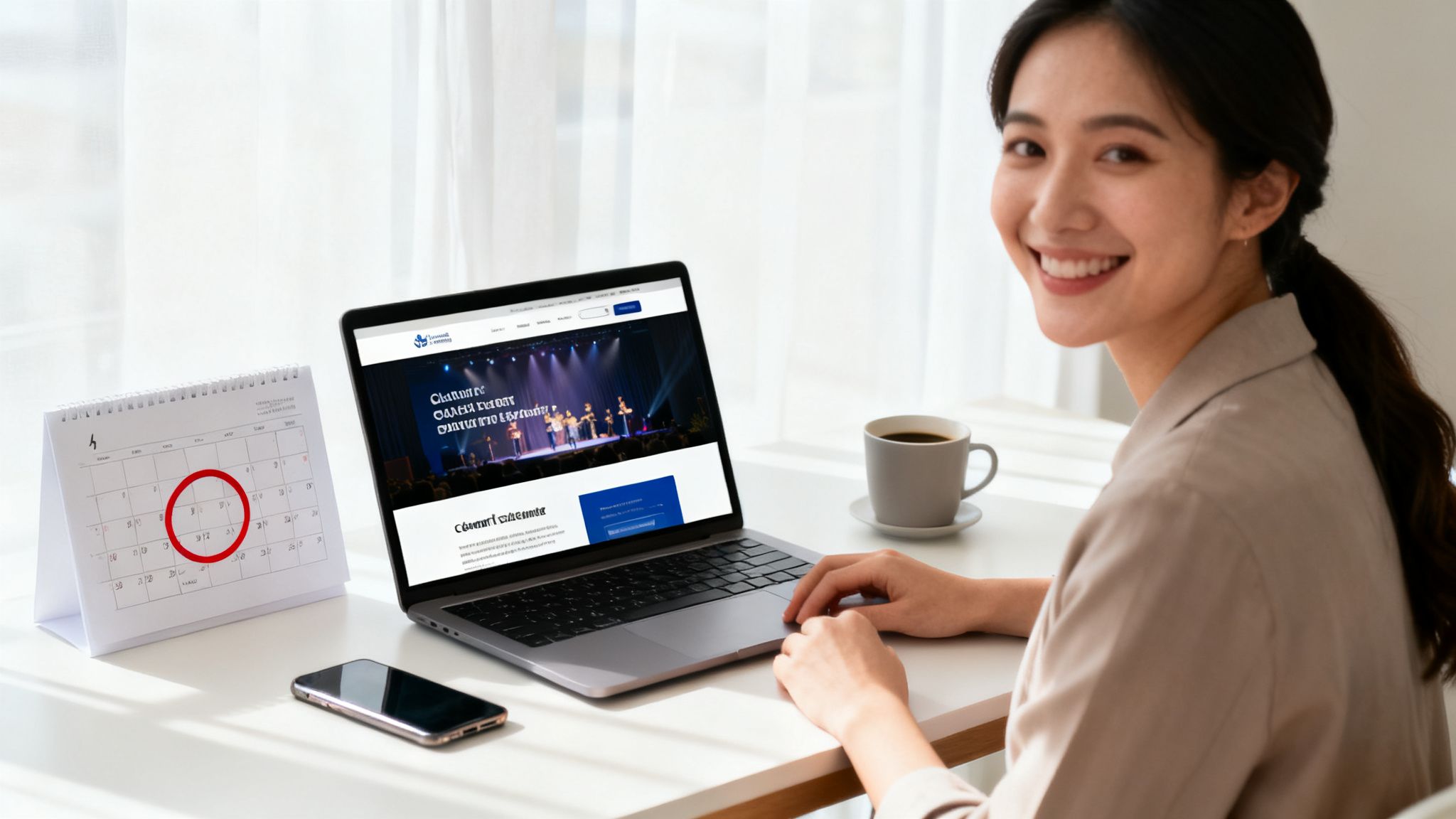 A smiling woman works on a laptop showing an event website, next to a calendar and phone.