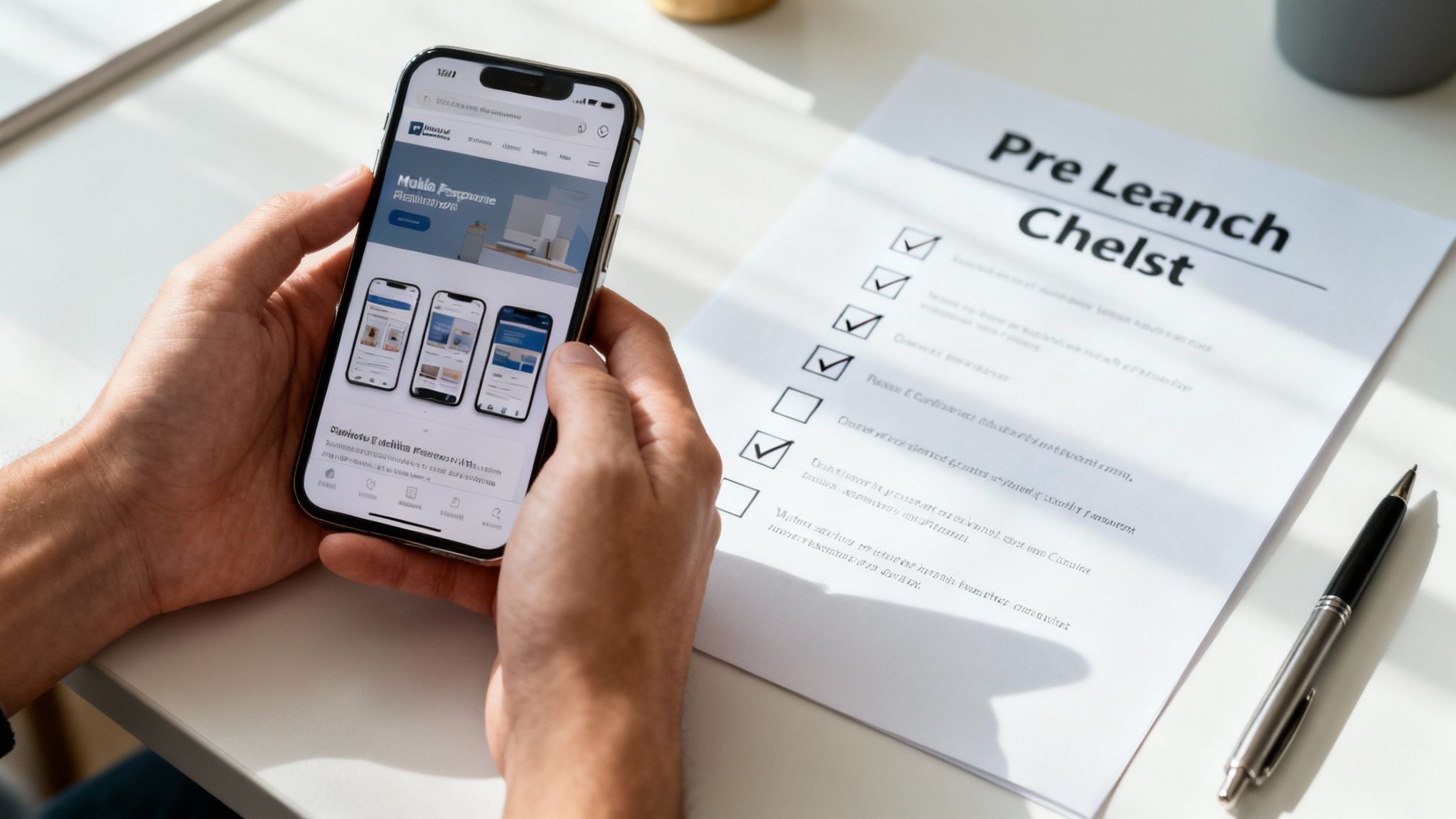 Hands holding a smartphone displaying app designs next to a pre-launch checklist and a pen.