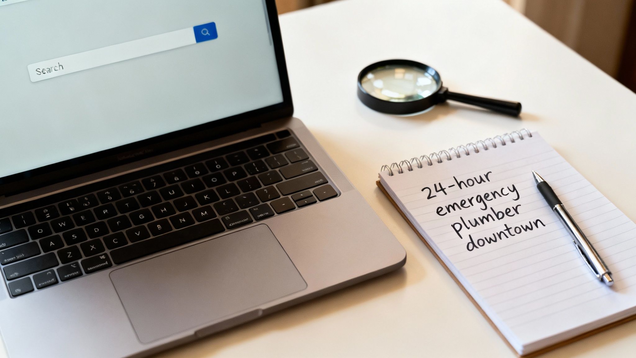 A magnifying glass hovering over various keywords on a screen, symbolizing keyword research.