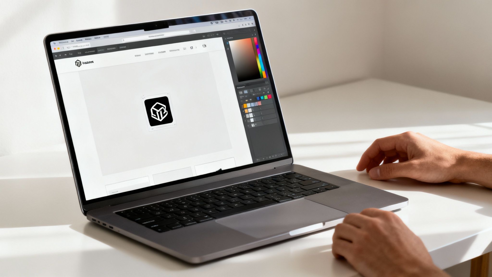 A sleek, modern website design displayed on a laptop screen, showcasing a brand's visual identity.