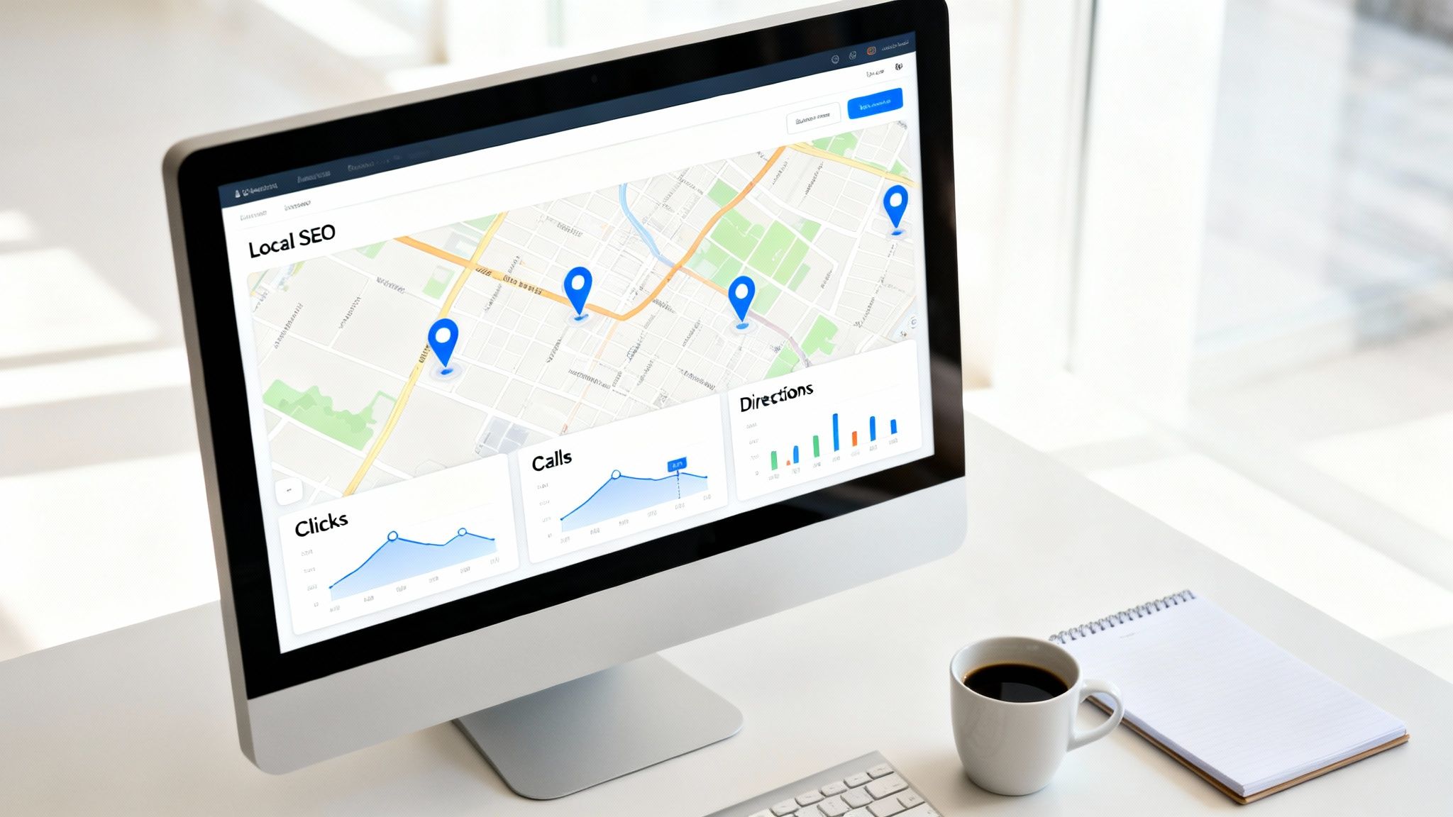 A computer monitor displays a local SEO dashboard with a map and performance metrics for clicks, calls, and directions.