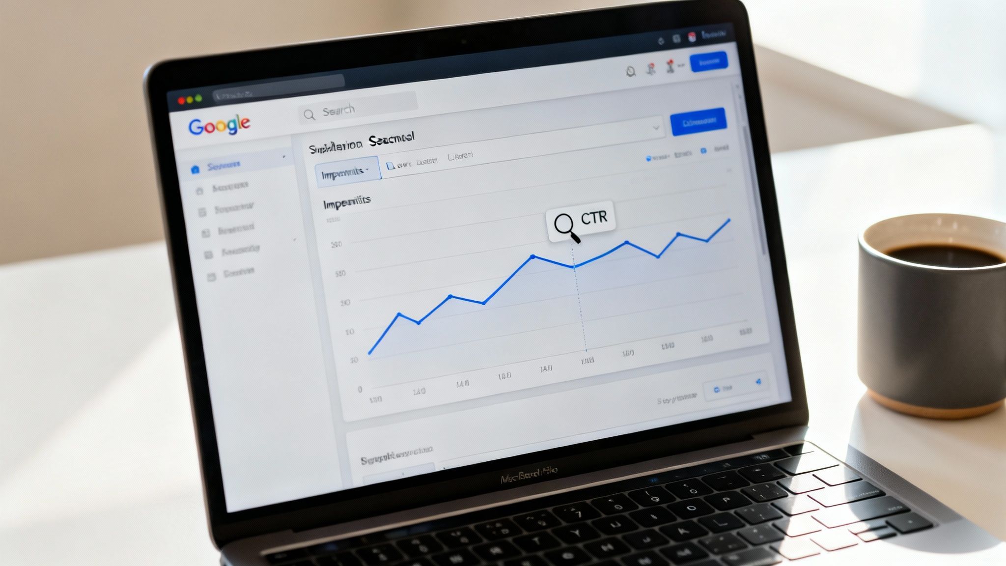 Laptop displaying a Google Analytics graph with a rising CTR trend and a coffee mug on a desk.
