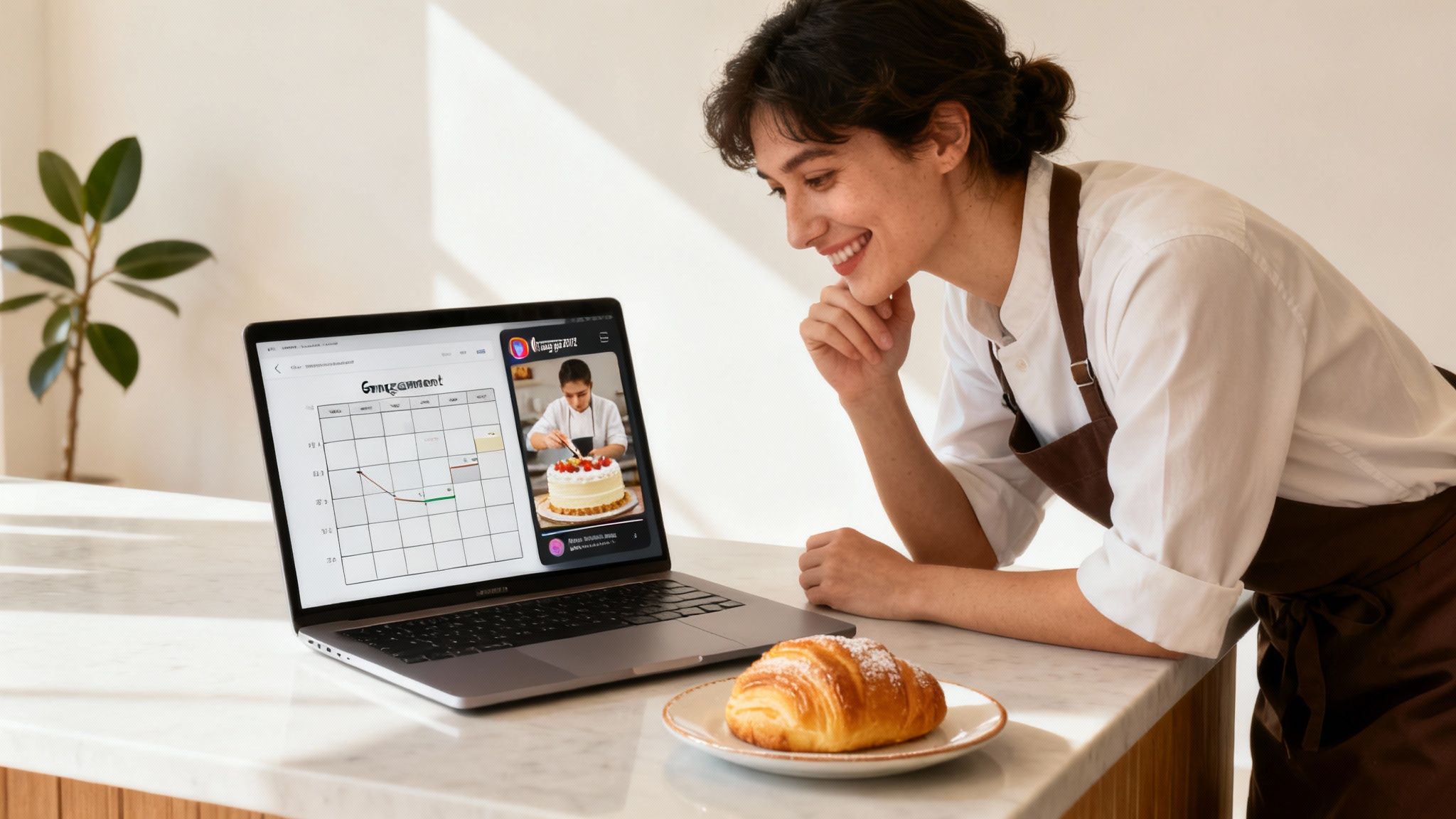 A happy woman in a chef's apron watches a baking tutorial on her laptop with a croissant.