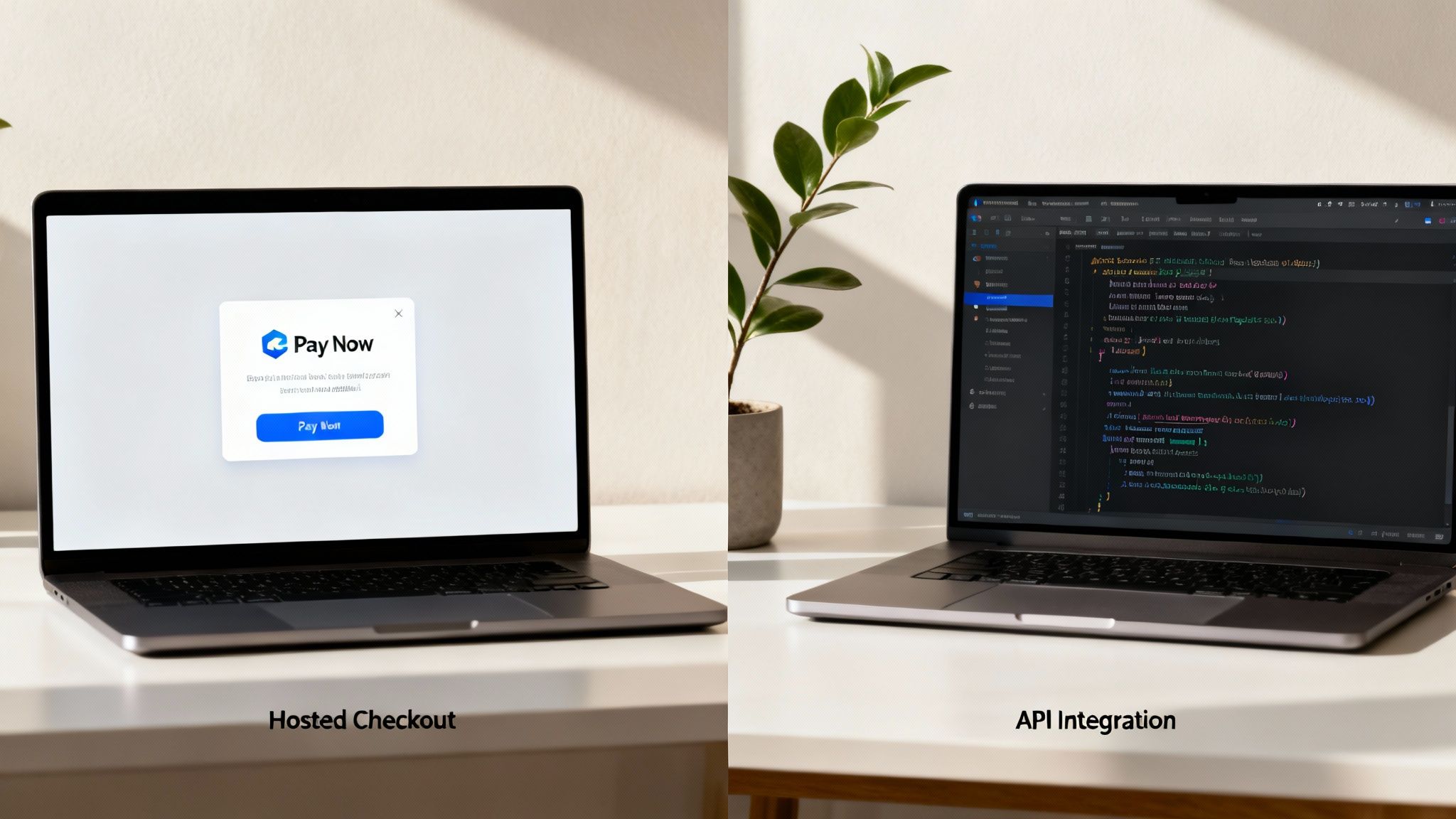 Two laptops side-by-side, one showing a hosted checkout payment page and the other displaying code for API integration.