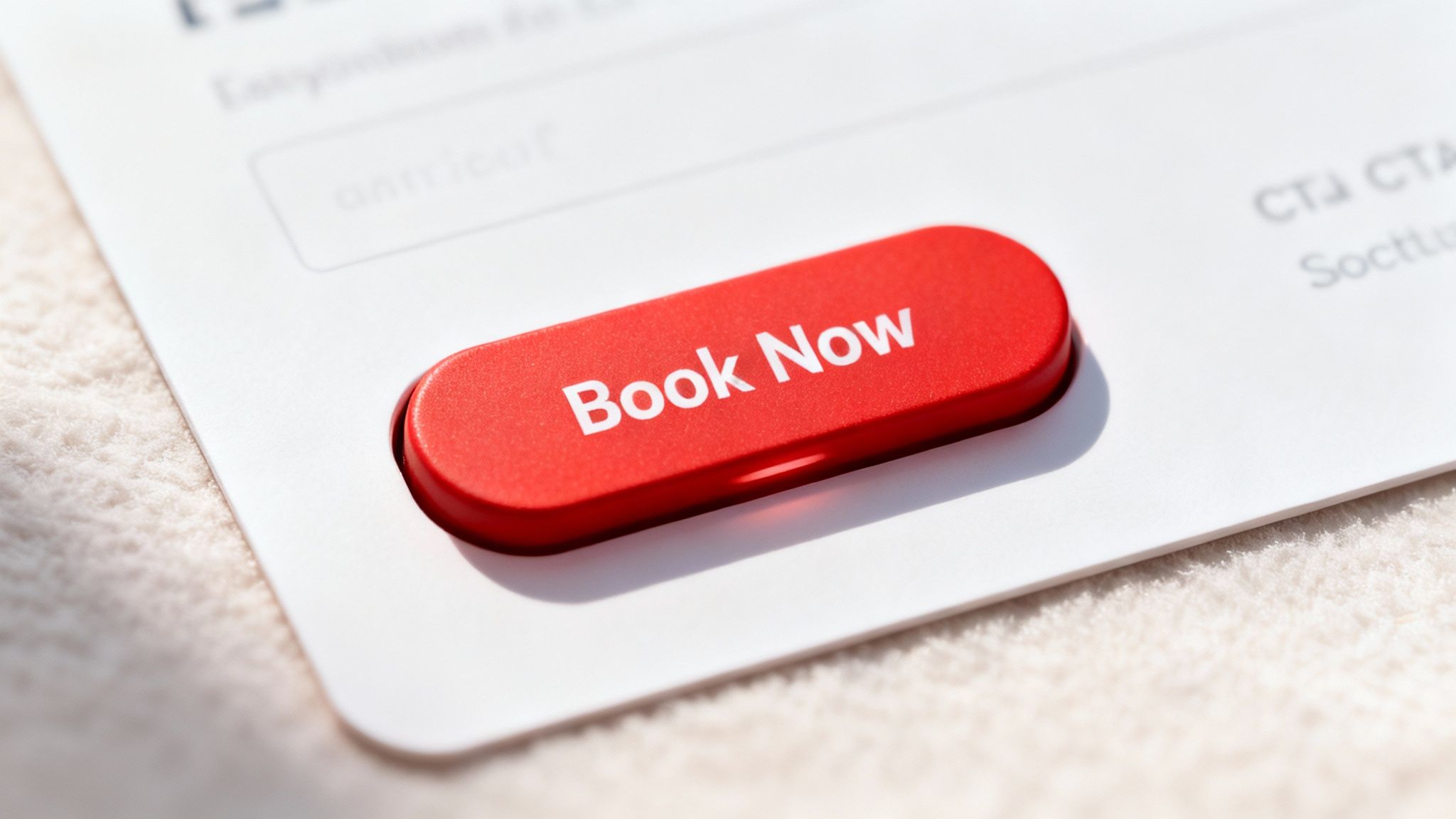 Close-up of a bright red 'Book Now' button on a white digital interface, ready for interaction.