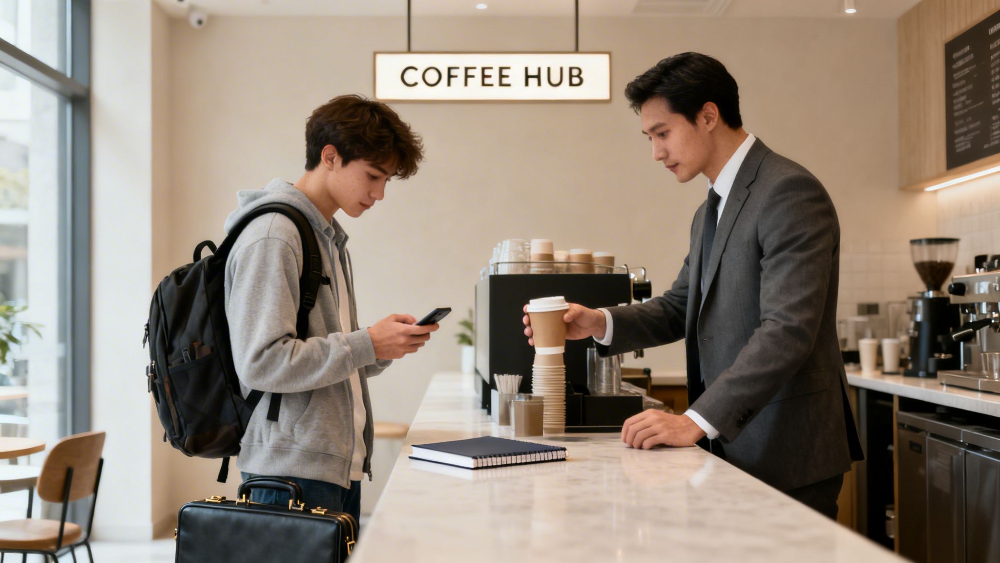 A young man with a backpack checks his phone as a barista hands him a coffee in a cafe.