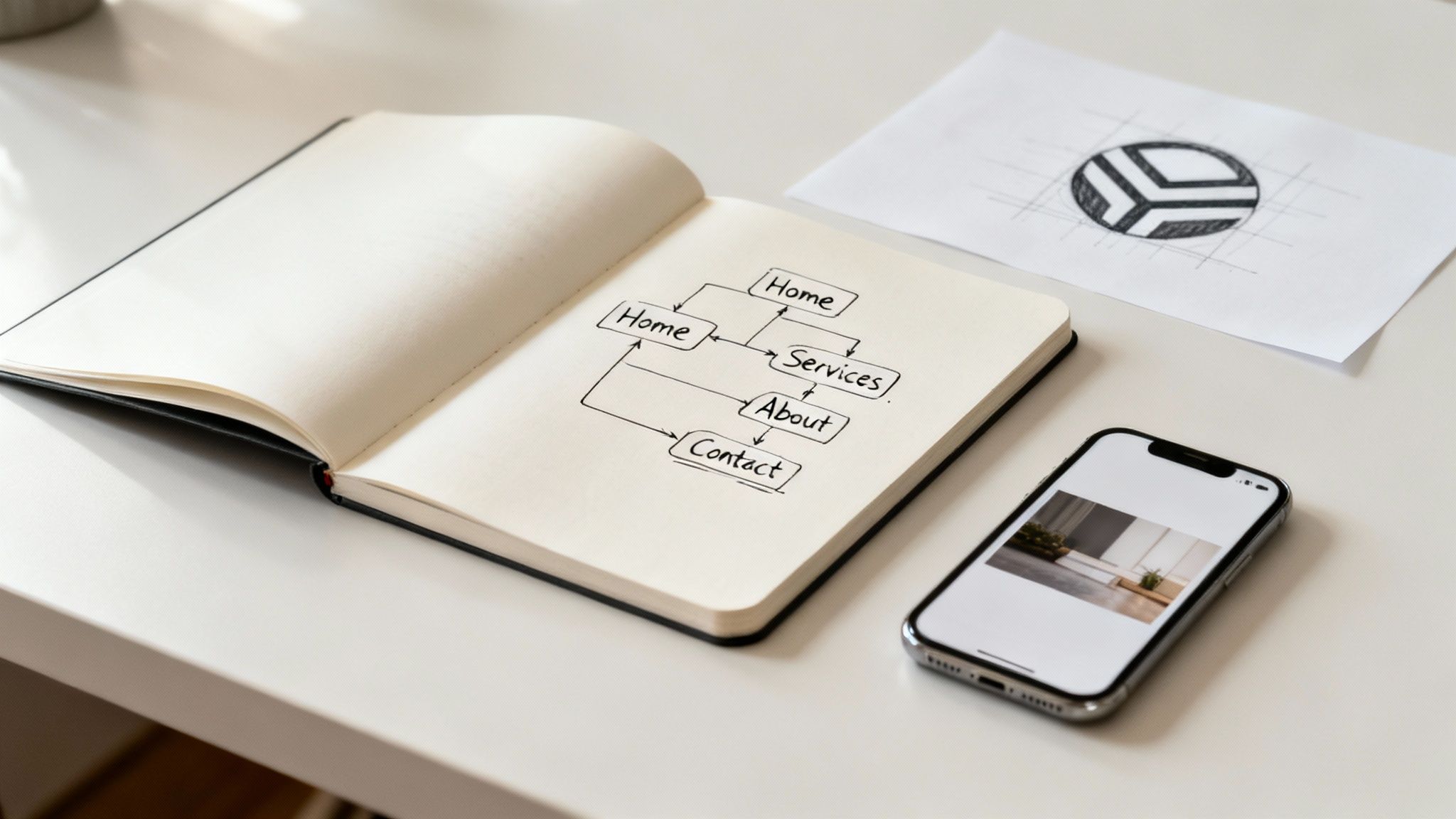 A notebook with a hand-drawn website sitemap, a logo sketch, and a smartphone on a white desk.