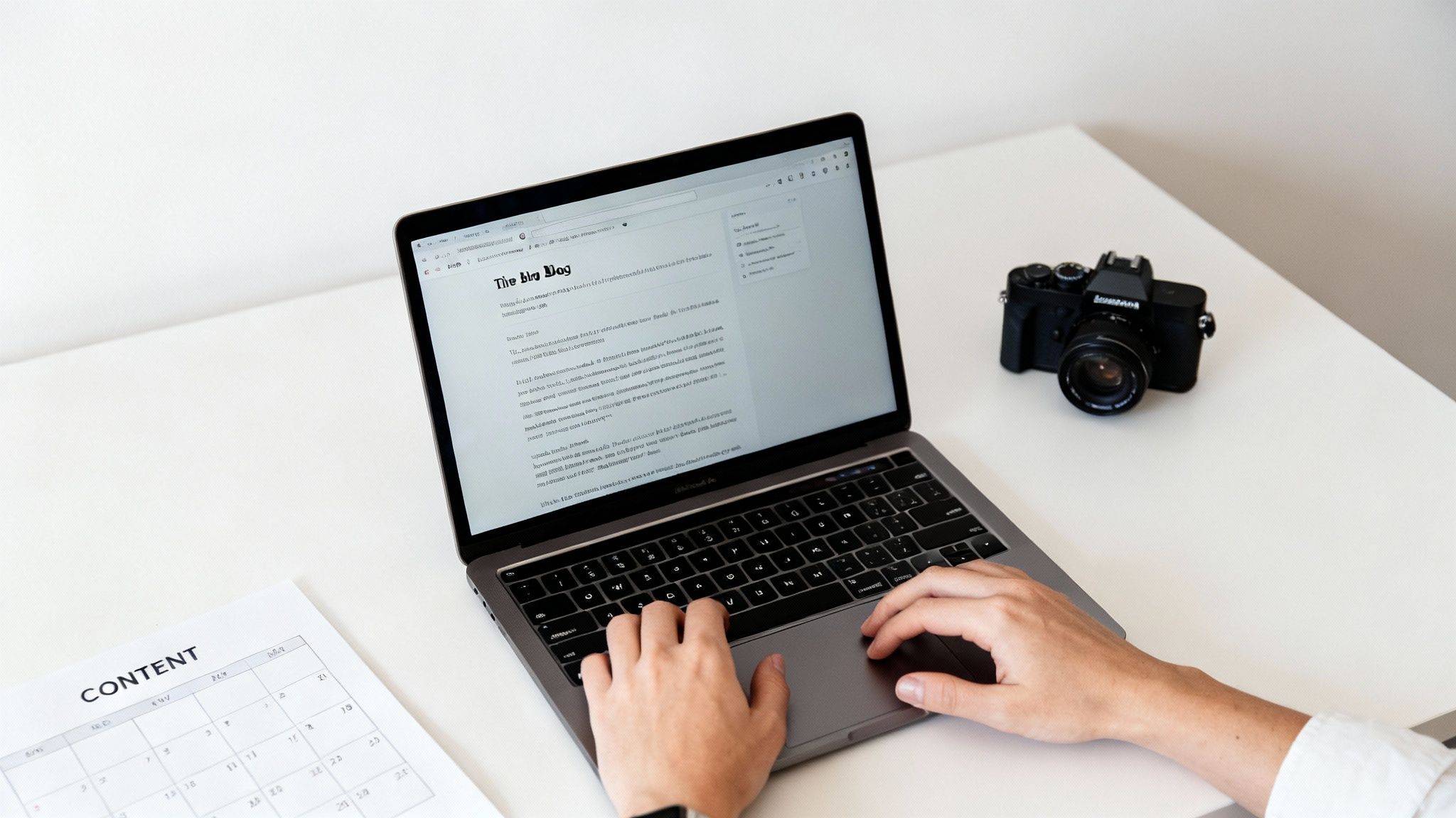 Person typing on laptop with blog post displayed, camera and content calendar on white desk