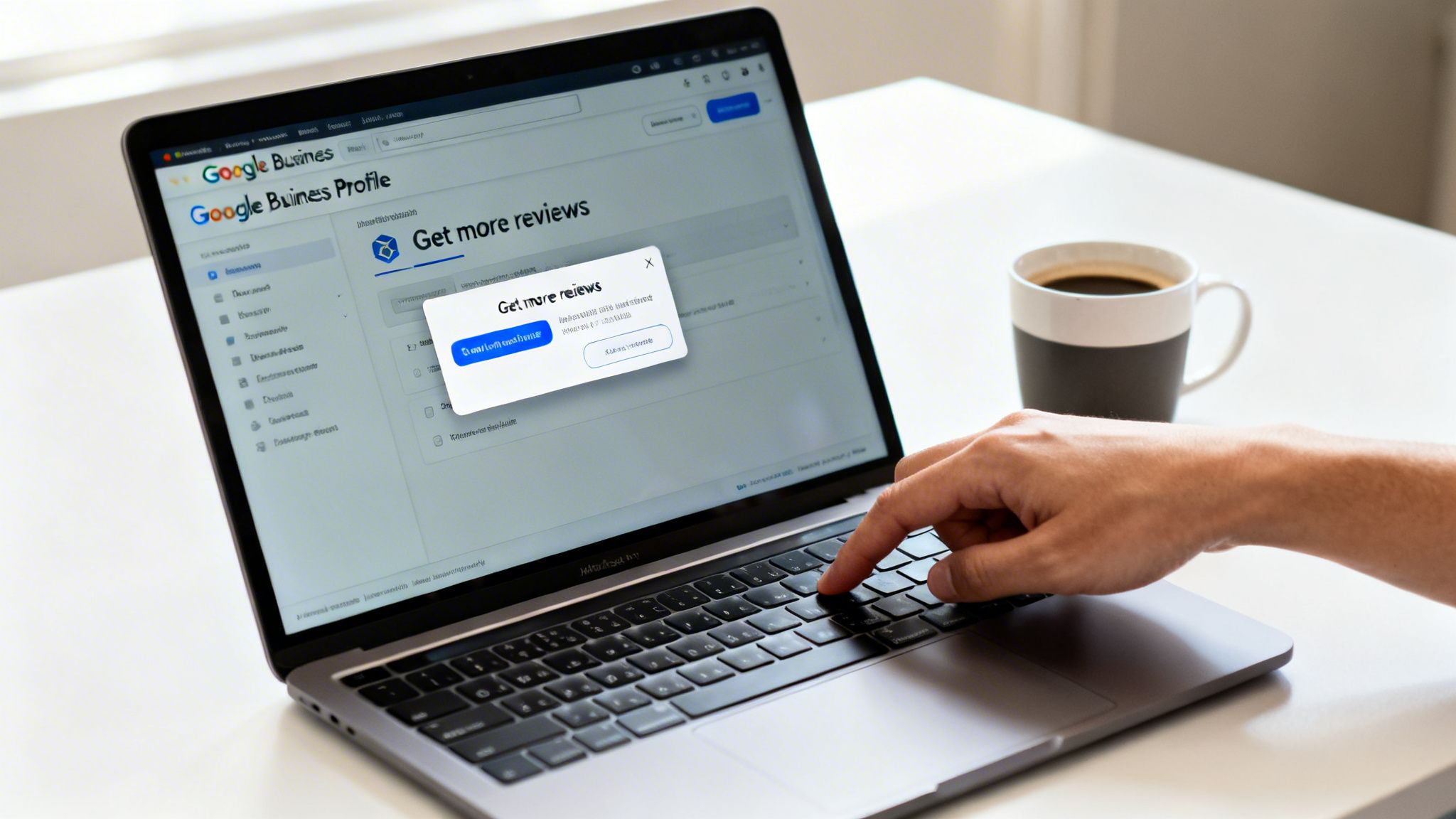 A person using a laptop displaying Google Business Profile, with a 'Get more reviews' pop-up. A coffee cup is nearby.