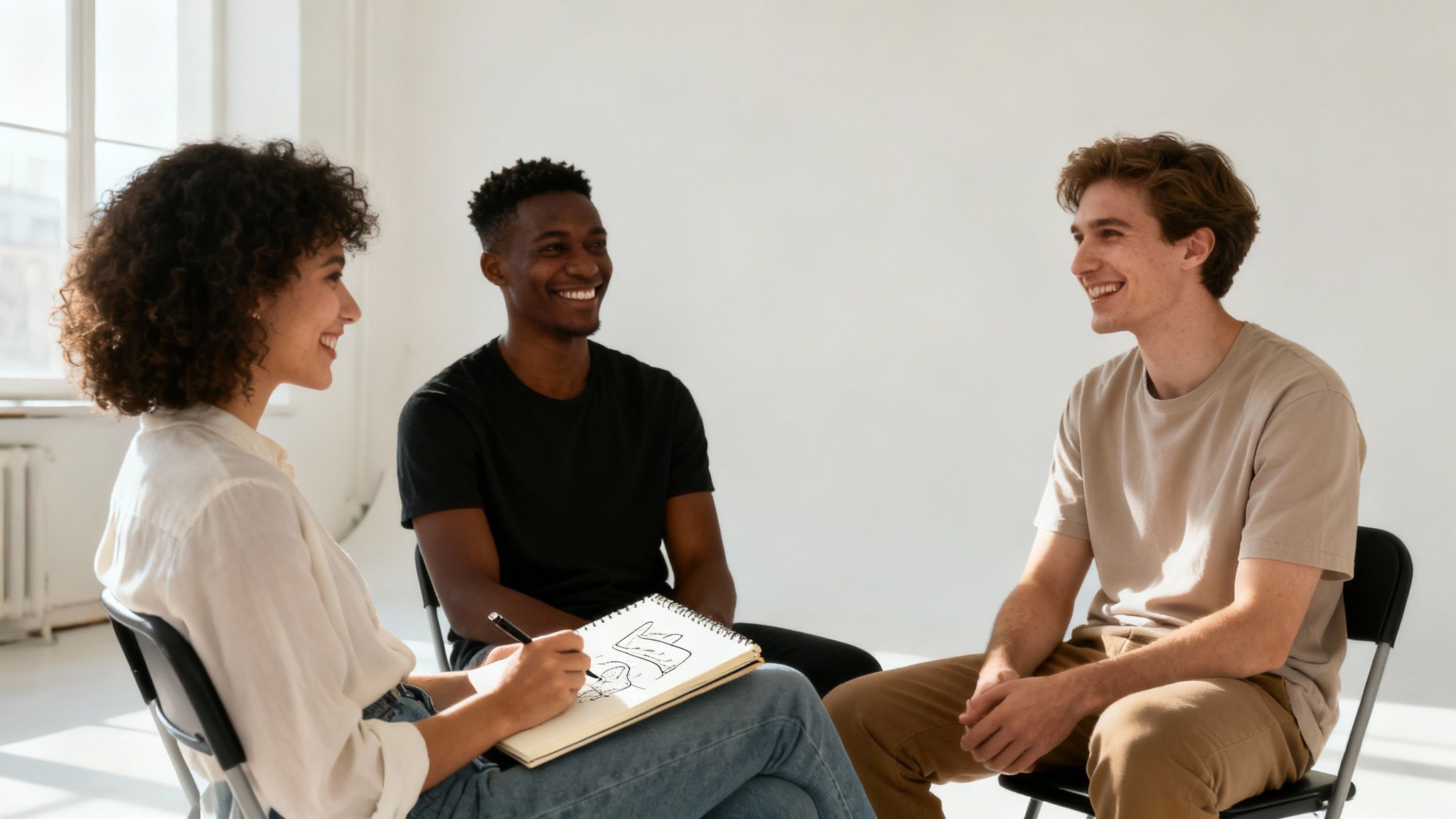 Three diverse young adults smiling during a casual meeting, one woman writing in a notebook.