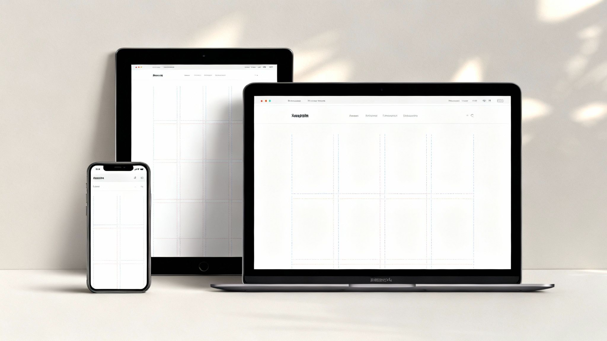 Three electronic devices (smartphone, tablet, laptop) displaying grid layouts for responsive web design.