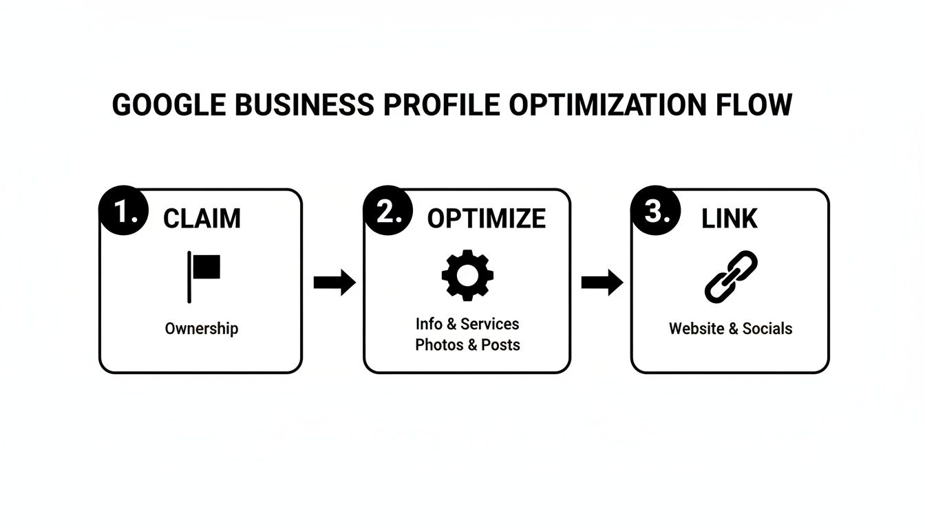 Flowchart illustrating three steps to optimize a Google Business Profile: Claim, Optimize, and Link.
