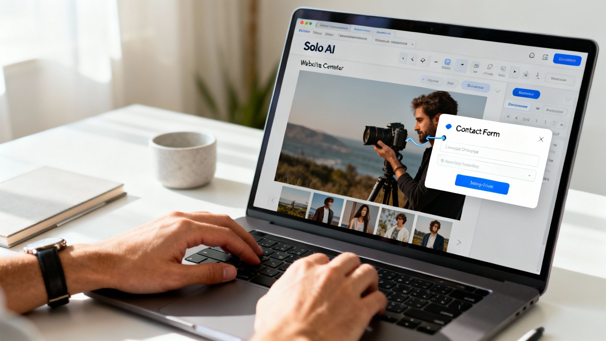 Hands typing on a laptop displaying a website editor with a 'Contact Form' widget.